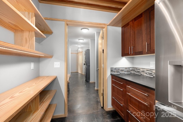 588 Long Branch Rd, Swannanoa, NC 28778 - kitchen featuring freestanding refrigerator, open shelves, and baseboards
