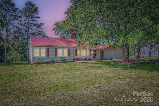 8255 Castor Rd, Salisbury, NC 28146 - single story home featuring metal roof, a yard, a garage, and a chimney