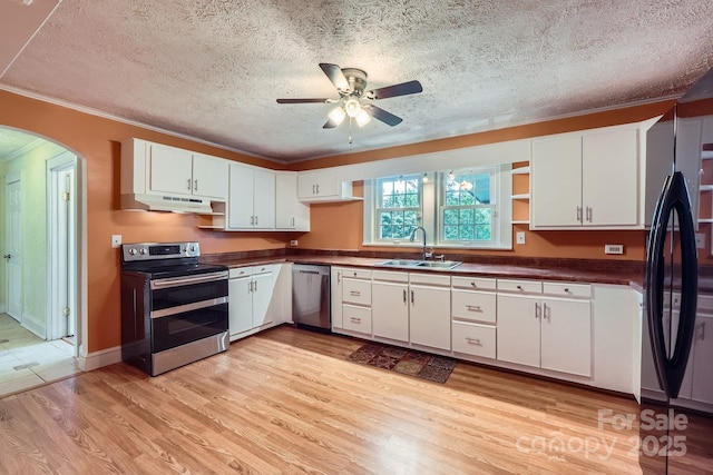 8255 Castor Rd, Salisbury, NC 28146 - kitchen featuring appliances with stainless steel finishes, a sink, dark countertops, under cabinet range hood, and ceiling fan