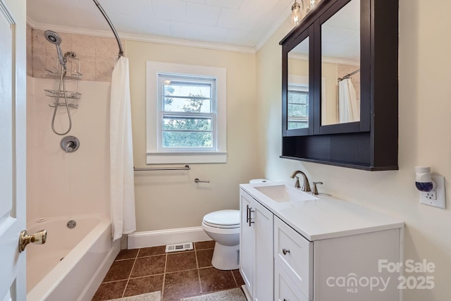 8255 Castor Rd, Salisbury, NC 28146 - bathroom with crown molding, toilet, baseboards, vanity, and shower / bath combo