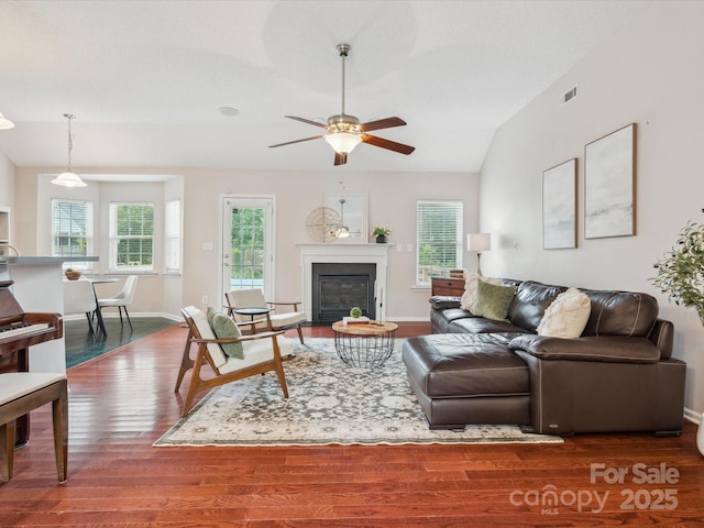 116 Birchwood Ct, Mount Holly, NC 28120 - living area featuring wood finished floors, plenty of natural light, a ceiling fan, a glass covered fireplace, and lofted ceiling