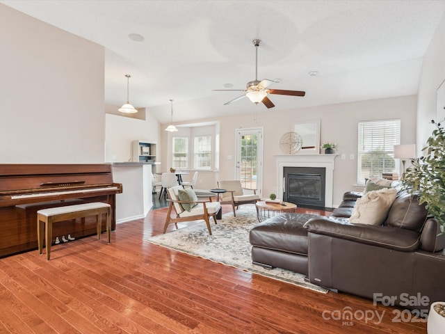 116 Birchwood Ct, Mount Holly, NC 28120 - living area featuring healthy amount of natural light, wood finished floors, a ceiling fan, and a glass covered fireplace