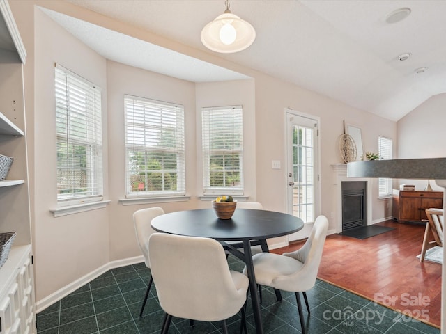 116 Birchwood Ct, Mount Holly, NC 28120 - dining space with a fireplace with flush hearth, plenty of natural light, and vaulted ceiling