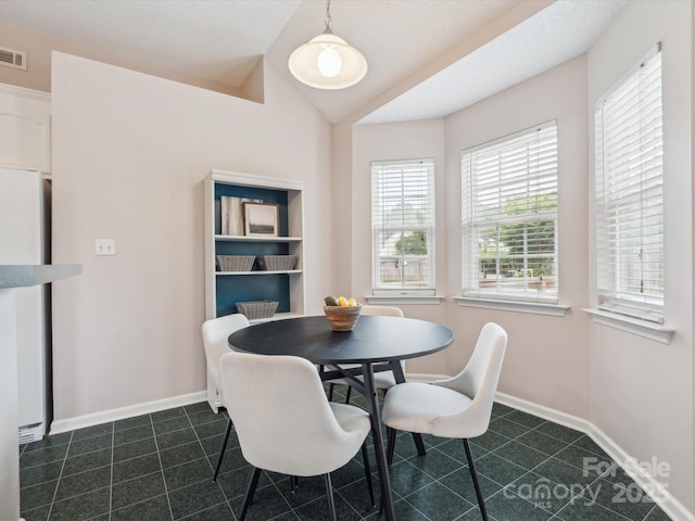 116 Birchwood Ct, Mount Holly, NC 28120 - dining space featuring plenty of natural light, vaulted ceiling, and dark tile patterned flooring