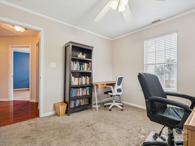 116 Birchwood Ct, Mount Holly, NC 28120 - carpeted office space with healthy amount of natural light, a ceiling fan, and crown molding