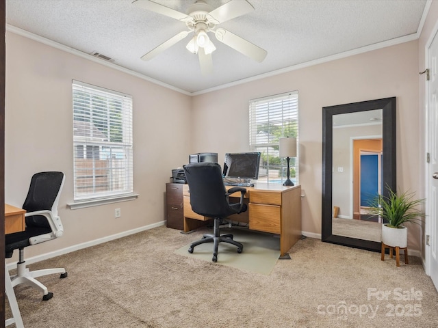 116 Birchwood Ct, Mount Holly, NC 28120 - home office with ornamental molding, light colored carpet, a textured ceiling, and a ceiling fan