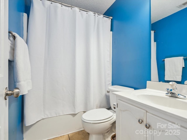 116 Birchwood Ct, Mount Holly, NC 28120 - bathroom with a textured ceiling, vanity, tile patterned flooring, and shower / tub combo