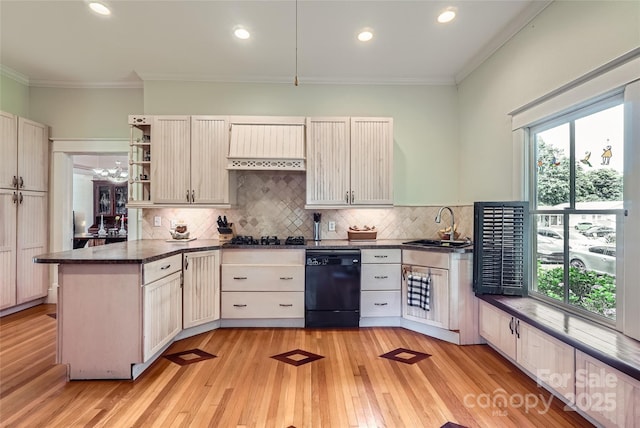 200 W 14th St, Salisbury, NC 28144 - kitchen with black dishwasher, crown molding, a peninsula, a sink, and dark countertops