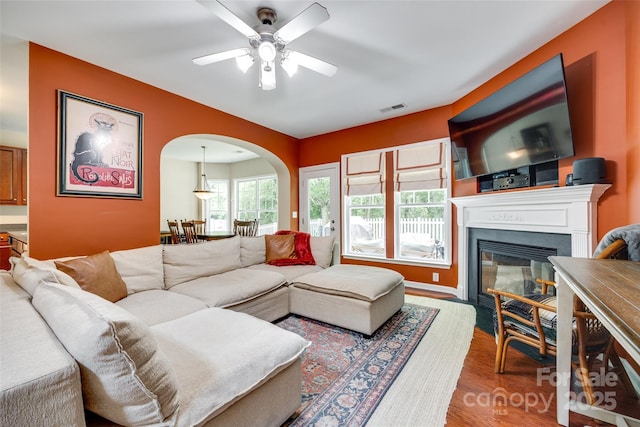 288 Sand Paver Way Unit 50, Fort Mill, SC 29708 - living room with wood finished floors, ceiling fan, a fireplace with flush hearth, and arched walkways