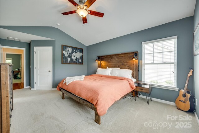 288 Sand Paver Way Unit 50, Fort Mill, SC 29708 - bedroom with vaulted ceiling, baseboards, carpet flooring, and a ceiling fan