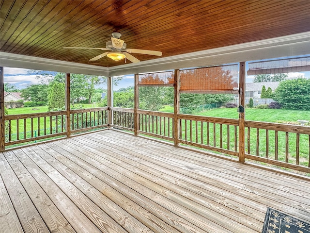 1625 Damascus Cir, Conover, NC 28613 - unfurnished sunroom with a deck, ceiling fan, wood ceiling, and wood-type flooring