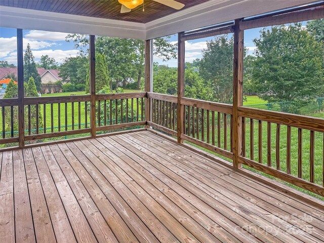1625 Damascus Cir, Conover, NC 28613 - deck featuring ceiling fan, a lawn, and view of scattered trees