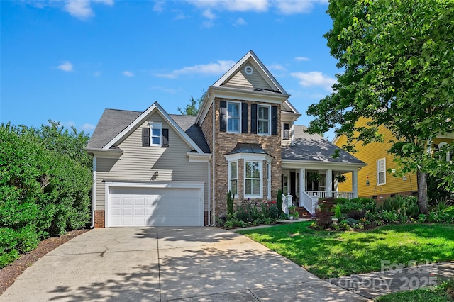8109 Hawk Crest Ct, Charlotte, NC 28270 - traditional-style home featuring concrete driveway, covered porch, a garage, a front lawn, and roof with shingles