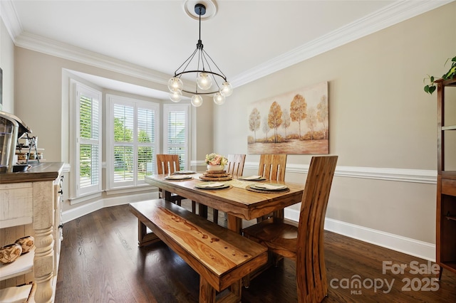 8109 Hawk Crest Ct, Charlotte, NC 28270 - dining space featuring crown molding, a chandelier, and dark wood-style flooring
