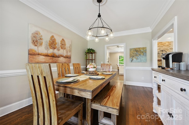 8109 Hawk Crest Ct, Charlotte, NC 28270 - dining space featuring ornamental molding, dark wood-style floors, and a ceiling fan
