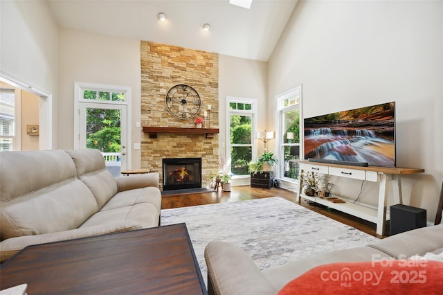 8109 Hawk Crest Ct, Charlotte, NC 28270 - living room featuring high vaulted ceiling, wood finished floors, and a fireplace