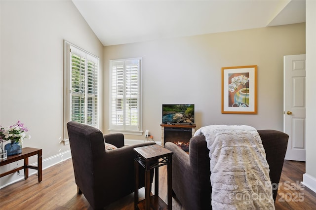 8109 Hawk Crest Ct, Charlotte, NC 28270 - living area with healthy amount of natural light, lofted ceiling, and wood finished floors