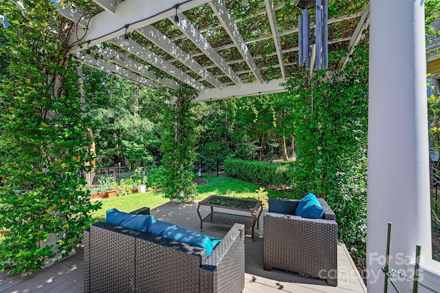 8109 Hawk Crest Ct, Charlotte, NC 28270 - wooden deck featuring an outdoor hangout area and a pergola