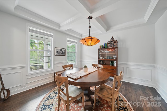 2034 Houle Ln, Charlotte, NC 28214 - dining room featuring coffered ceiling, dark wood-style flooring, beam ceiling, a wainscoted wall, and ornamental molding