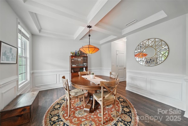 2034 Houle Ln, Charlotte, NC 28214 - dining room with plenty of natural light, dark wood finished floors, beam ceiling, coffered ceiling, and a wainscoted wall