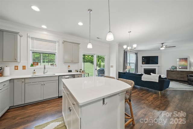 2034 Houle Ln, Charlotte, NC 28214 - kitchen with a sink, gray cabinetry, dishwasher, ornamental molding, and open floor plan
