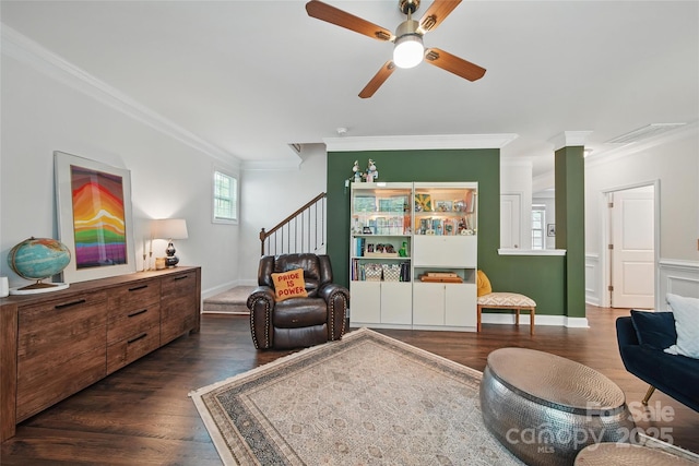 2034 Houle Ln, Charlotte, NC 28214 - living room featuring crown molding, a ceiling fan, wood finished floors, stairs, and baseboards