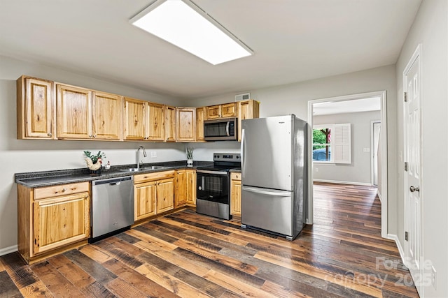 729 Tenth Ave NE, Hickory, NC 28601 - kitchen featuring appliances with stainless steel finishes, dark countertops, a sink, and dark wood finished floors