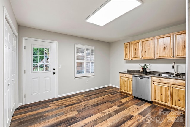 729 Tenth Ave NE, Hickory, NC 28601 - kitchen with dishwasher, a sink, dark countertops, dark wood finished floors, and light brown cabinets