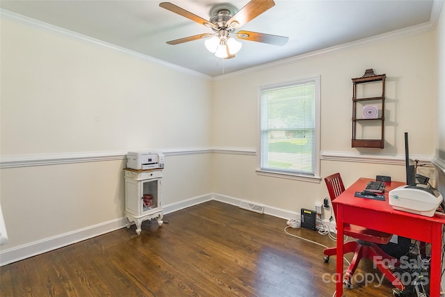 1645 Brookdale Ave, Charlotte, NC 28210 - home office featuring crown molding, ceiling fan, and wood finished floors