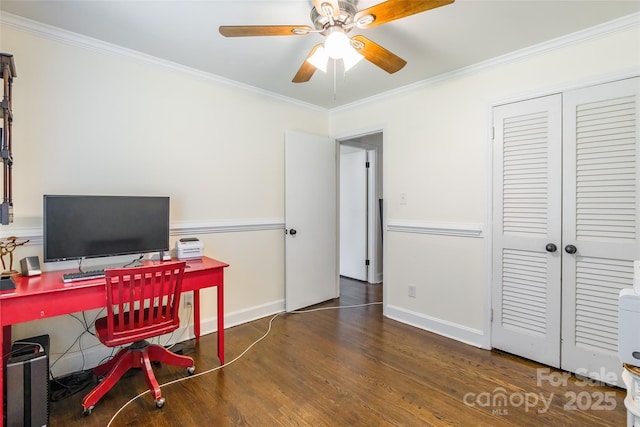 1645 Brookdale Ave, Charlotte, NC 28210 - home office featuring crown molding, ceiling fan, and wood finished floors