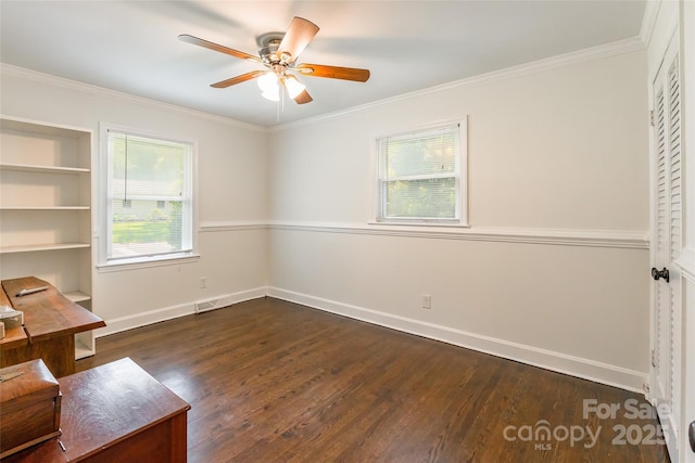 1645 Brookdale Ave, Charlotte, NC 28210 - unfurnished office with dark wood-type flooring, a ceiling fan, and crown molding