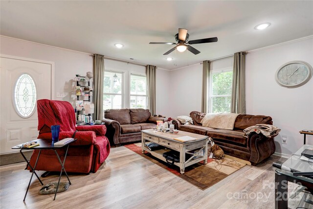 812 Kings Rd, Shelby, NC 28150 - living area featuring ornamental molding, healthy amount of natural light, ceiling fan, light wood-style flooring, and recessed lighting