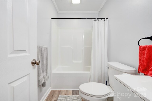 812 Kings Rd, Shelby, NC 28150 - full bathroom with ornamental molding, wood finished floors, vanity, and shower / bath combination with curtain