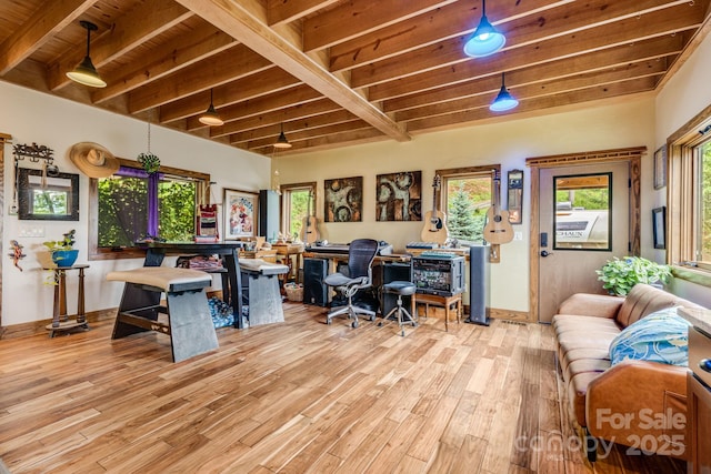 43 Dillingham Estates Trl, Swannanoa, NC 28778 - office area featuring light wood-style flooring, beamed ceiling, and baseboards