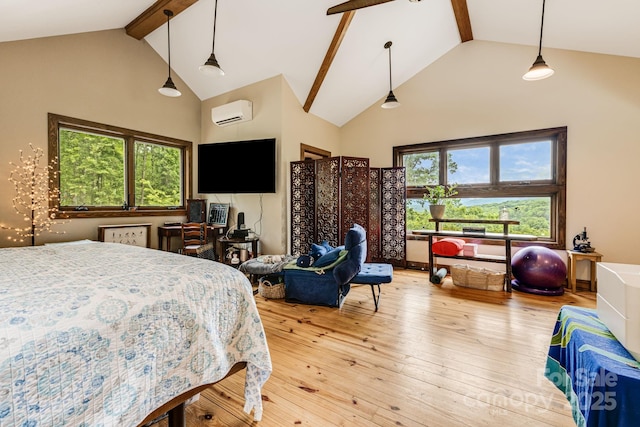 43 Dillingham Estates Trl, Swannanoa, NC 28778 - bedroom featuring beamed ceiling, high vaulted ceiling, an AC wall unit, and hardwood / wood-style floors