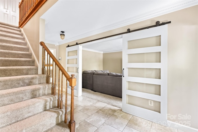 7528 Red Oak Ln, Charlotte, NC 28226 - staircase with a barn door, crown molding, and built in features
