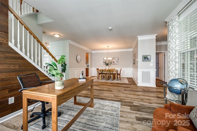 714 Deerbrook Ln, Tega Cay, SC 29708 - office space with ornamental molding, wood finished floors, a chandelier, wainscoting, and a decorative wall