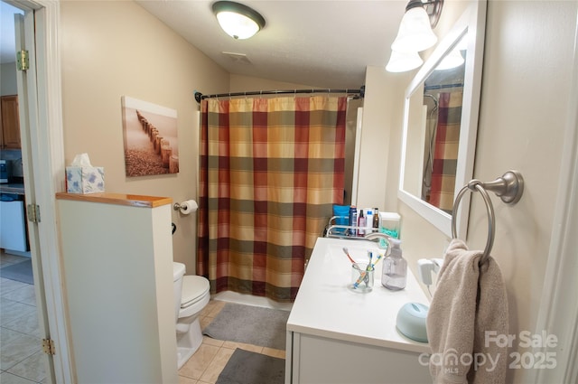 505 S Eastway Dr, Troutman, NC 28166 - bathroom featuring tile patterned flooring, vanity, curtained shower, and lofted ceiling