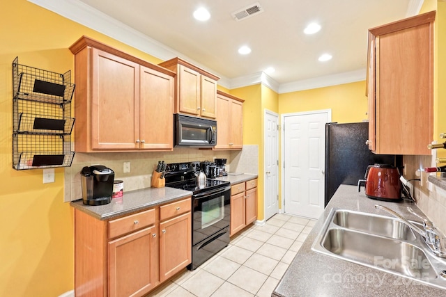 14018 Drake Watch Ln, Charlotte, NC 28262 - kitchen featuring black appliances, ornamental molding, a sink, light tile patterned flooring, and backsplash
