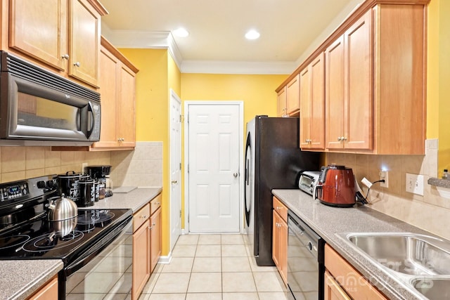 14018 Drake Watch Ln, Charlotte, NC 28262 - kitchen with black appliances, crown molding, light tile patterned floors, tasteful backsplash, and light brown cabinets