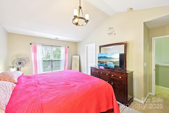 14018 Drake Watch Ln, Charlotte, NC 28262 - bedroom featuring vaulted ceiling, light carpet, a chandelier, and baseboards