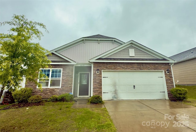 4020 Lampasas Ln, Charlotte, NC 28214 - view of front of property with stone siding, concrete driveway, a garage, and a front lawn