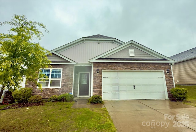 4020 Lampasas Ln, Charlotte, NC 28214 - view of front of house with stone siding, concrete driveway, a garage, and a front yard
