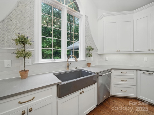 4644 Snow Dr, Harrisburg, NC 28075 - kitchen featuring stainless steel dishwasher, a sink, white cabinets, backsplash, and dark wood-style floors