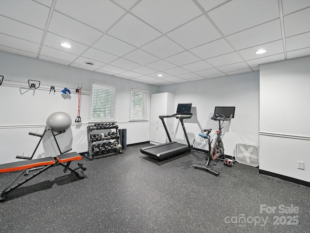4644 Snow Dr, Harrisburg, NC 28075 - exercise room with baseboards, a drop ceiling, and recessed lighting