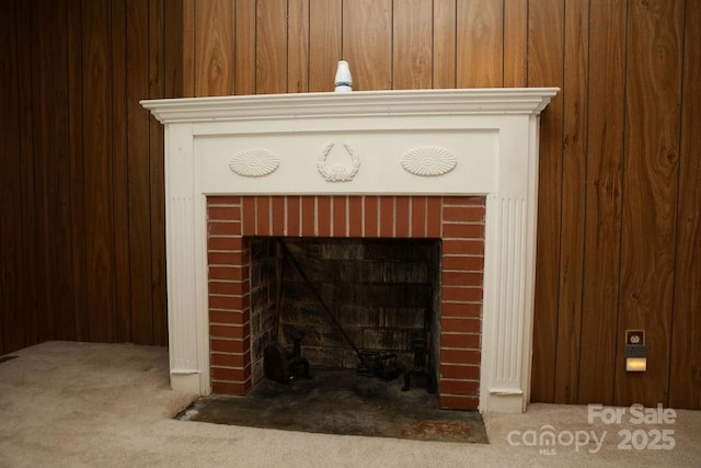 1270 N Enochville Ave, China Grove, NC 28023 - detailed view of carpet, a fireplace with flush hearth, and wooden walls