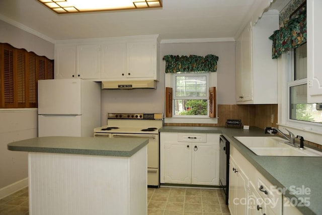 1270 N Enochville Ave, China Grove, NC 28023 - kitchen with white appliances, a sink, under cabinet range hood, white cabinetry, and crown molding