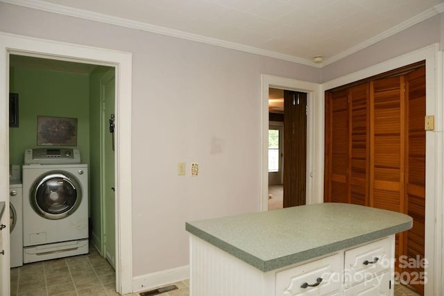 1270 N Enochville Ave, China Grove, NC 28023 - washroom with washer / clothes dryer, crown molding, baseboards, and cabinet space