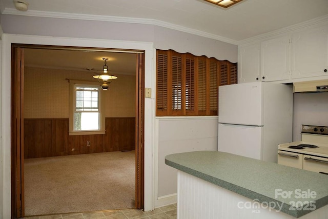 1270 N Enochville Ave, China Grove, NC 28023 - kitchen featuring white appliances, under cabinet range hood, white cabinetry, a wainscoted wall, and crown molding
