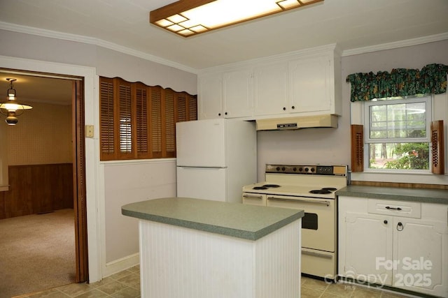 1270 N Enochville Ave, China Grove, NC 28023 - kitchen featuring range hood, white appliances, white cabinetry, crown molding, and a center island